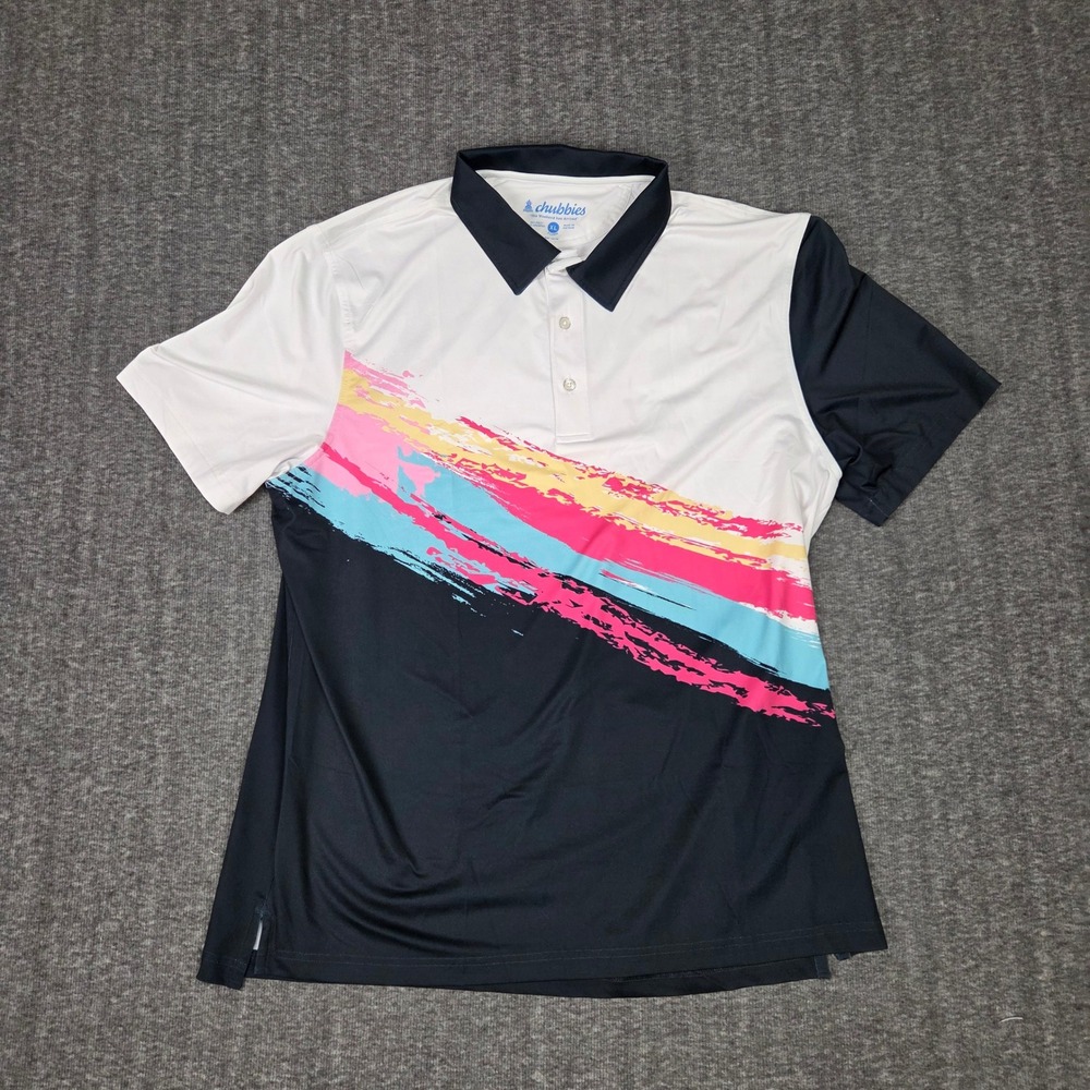 Chubbies Polo Shirt Men XL Short Sleeve White Black Retro Color Pattern Golf